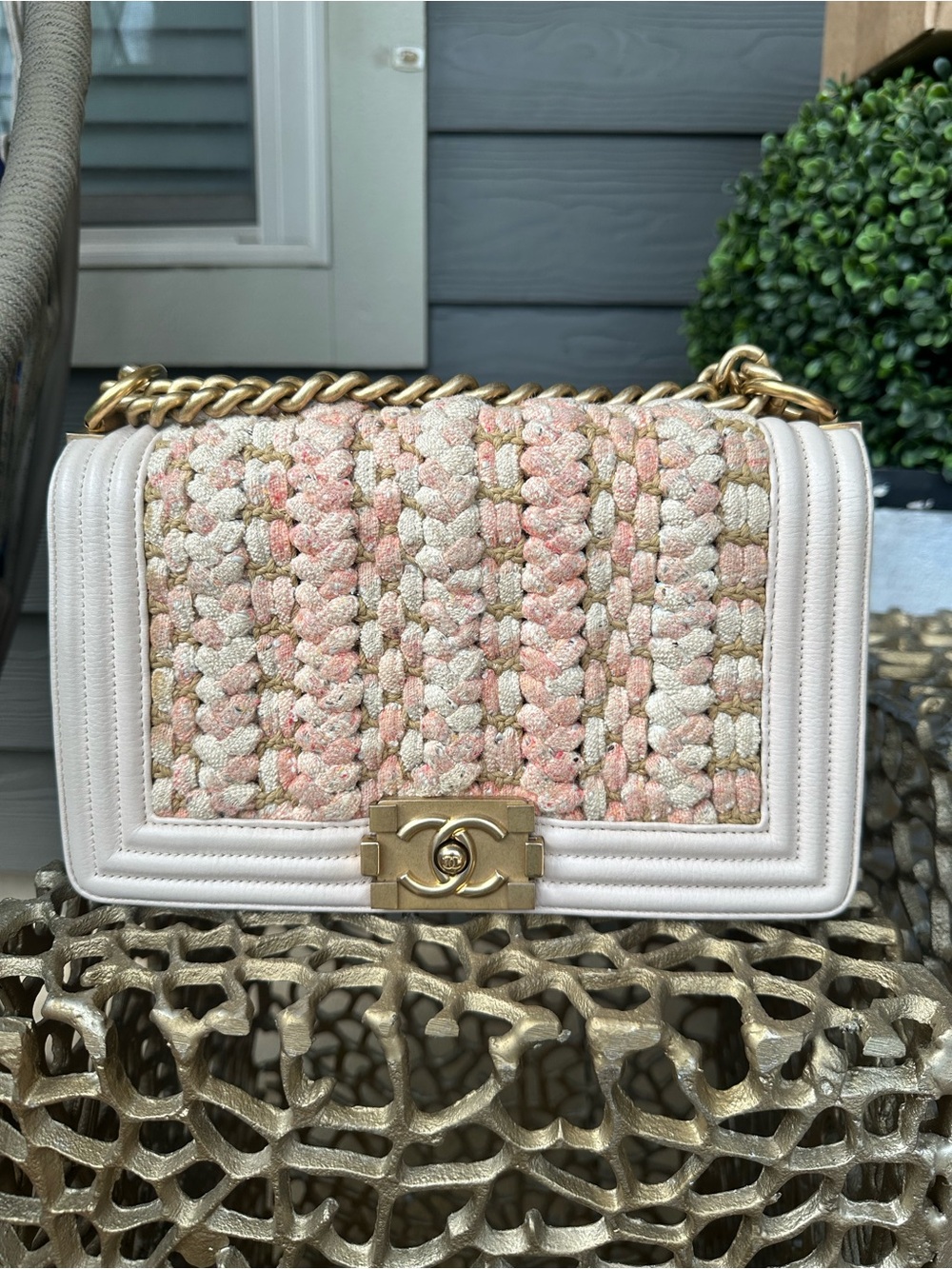 CHANEL Pink & Cream Tweed Boy Shoulder Bag with Gold Hardware